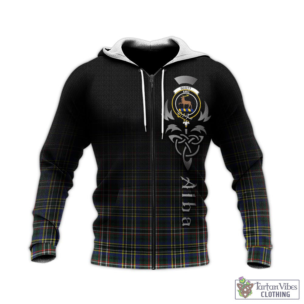 Tartan Vibes Clothing Scott Green Modern Tartan Knitted Hoodie Featuring Alba Gu Brath Family Crest Celtic Inspired