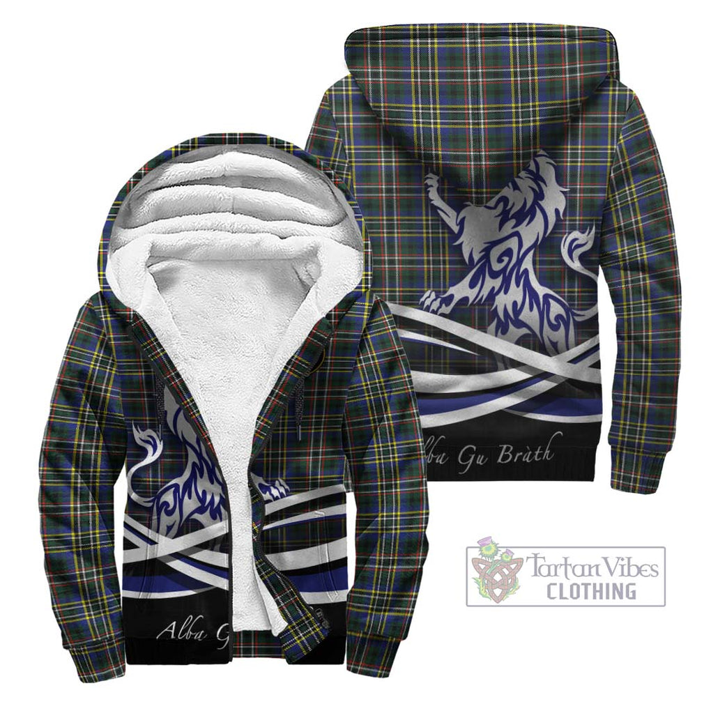 Scott Green Modern Tartan Sherpa Hoodie with Alba Gu Brath Regal Lion Emblem Unisex - Tartanvibesclothing Shop