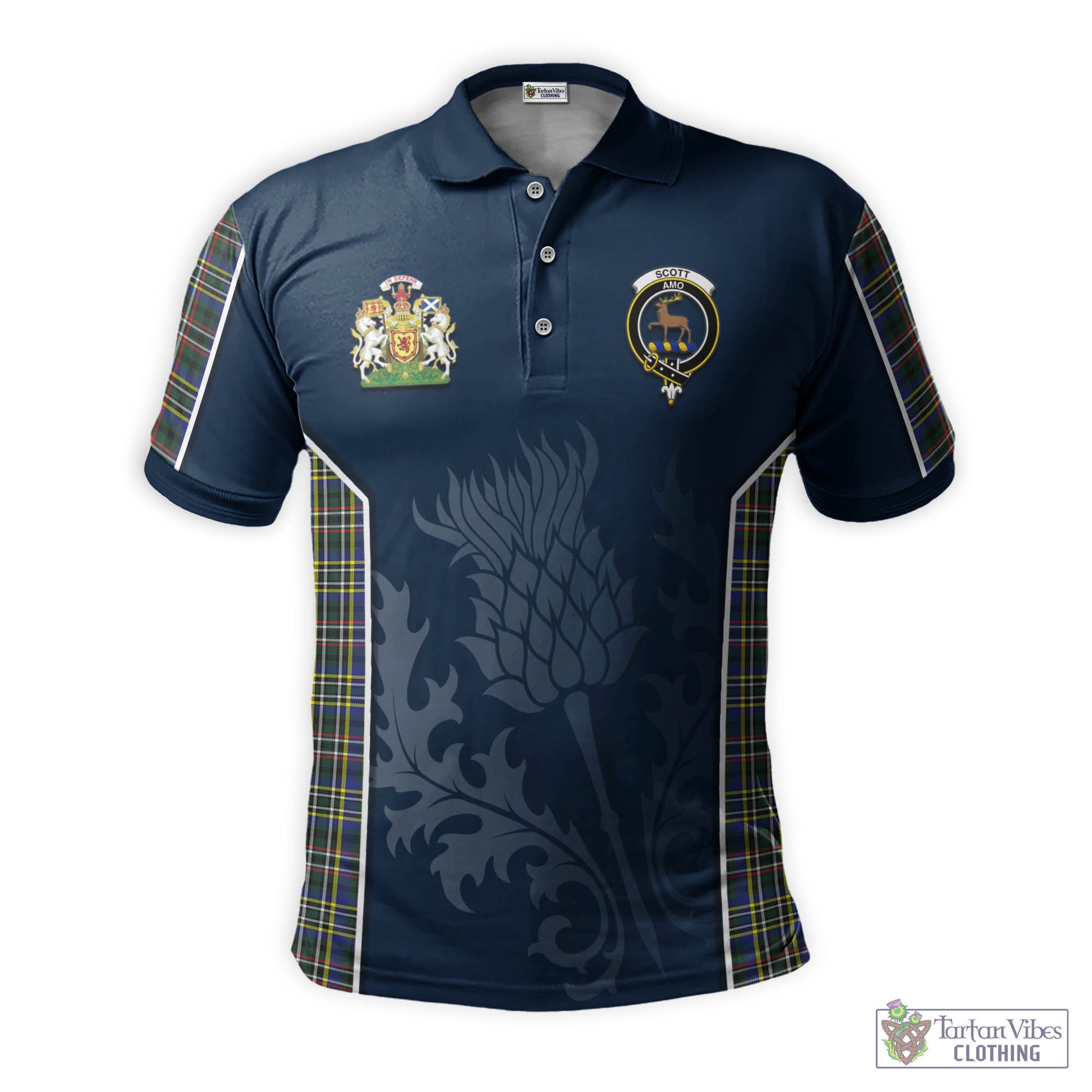 Tartan Vibes Clothing Scott Green Modern Tartan Men's Polo Shirt with Family Crest and Scottish Thistle Vibes Sport Style
