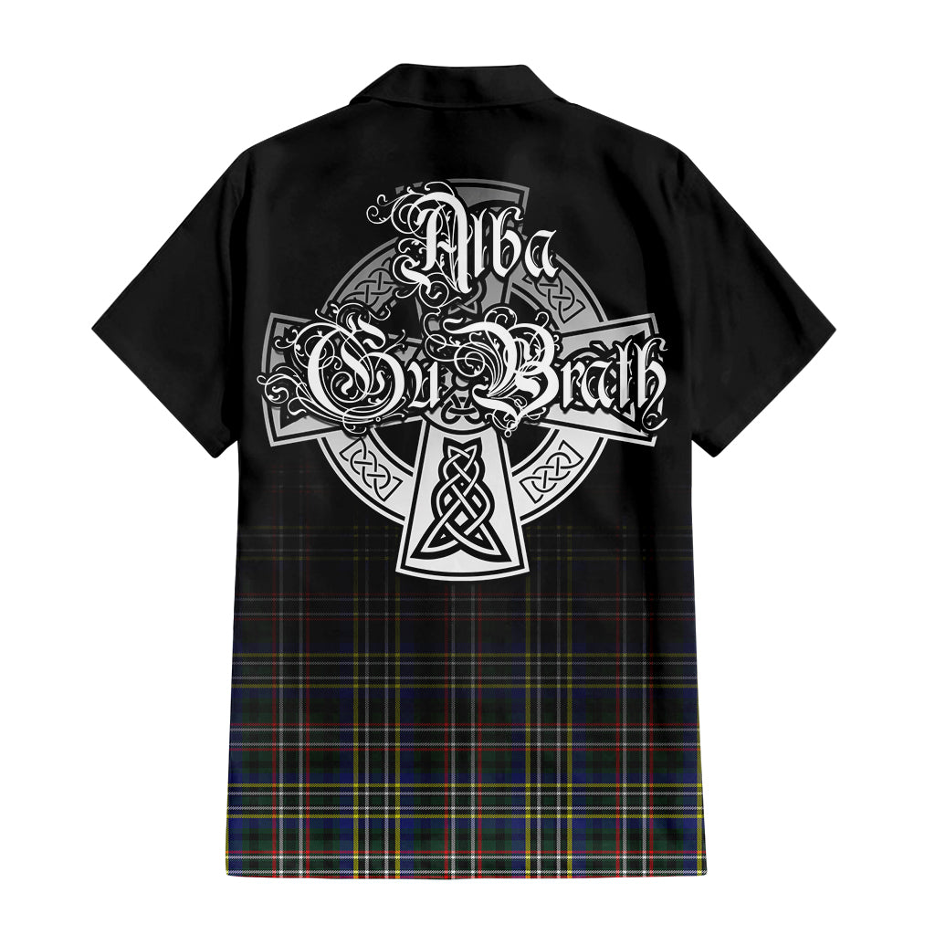Tartan Vibes Clothing Scott Green Modern Tartan Short Sleeve Button Up Featuring Alba Gu Brath Family Crest Celtic Inspired