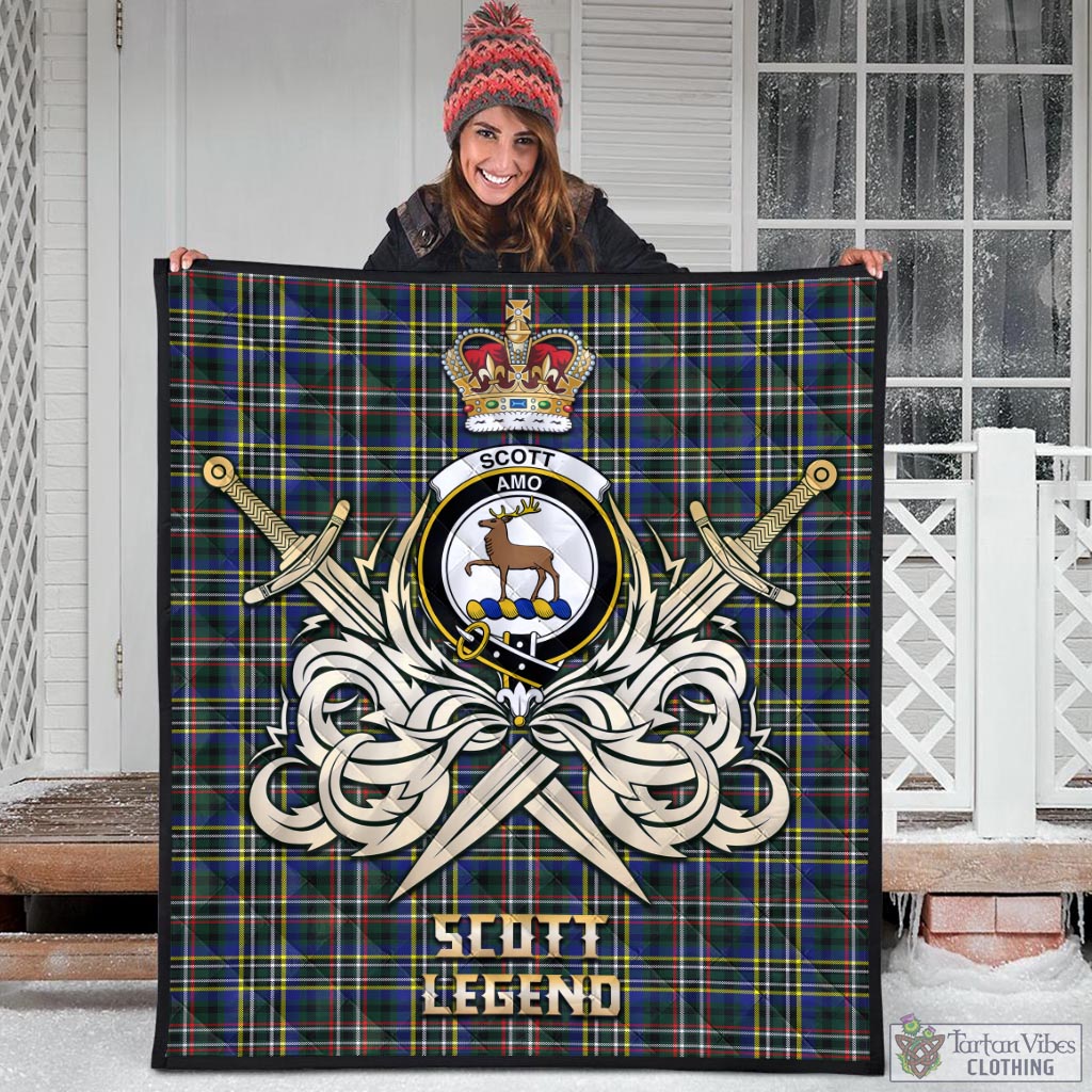Tartan Vibes Clothing Scott Green Modern Tartan Quilt with Clan Crest and the Golden Sword of Courageous Legacy