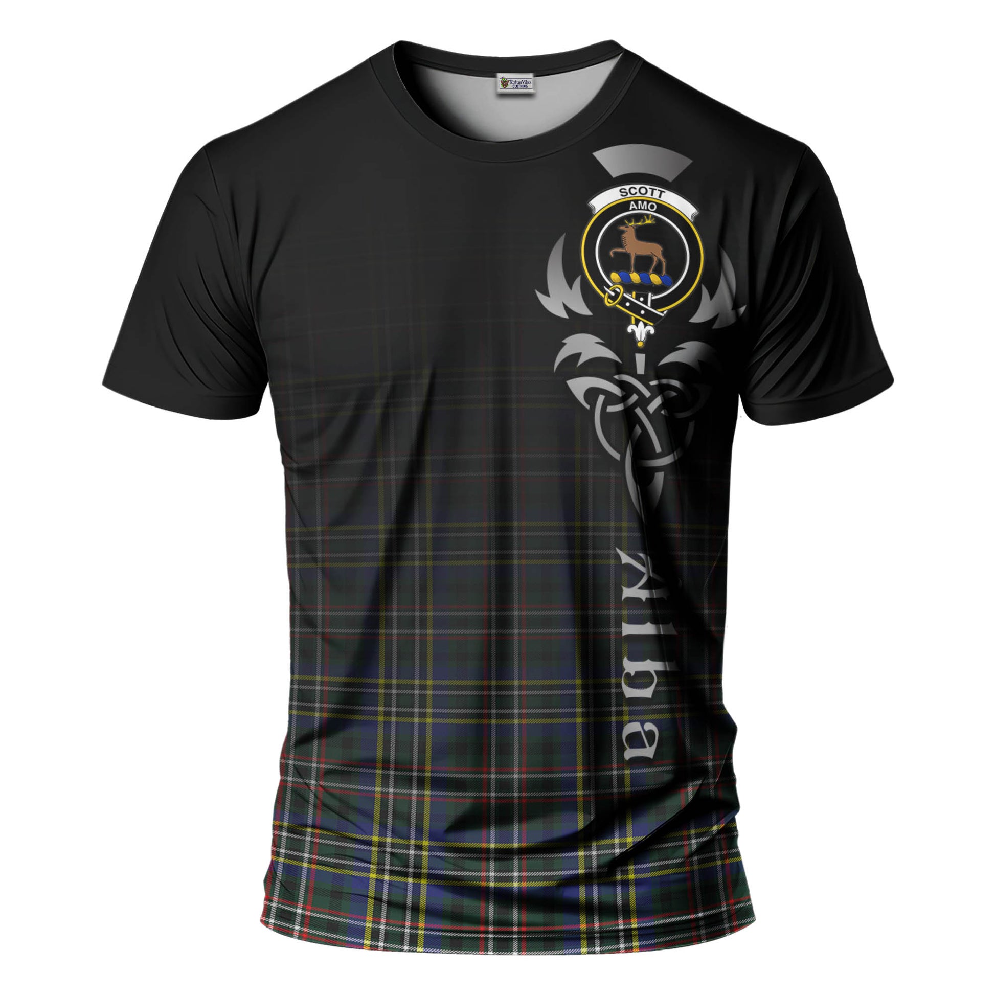 Tartan Vibes Clothing Scott Green Modern Tartan T-Shirt Featuring Alba Gu Brath Family Crest Celtic Inspired