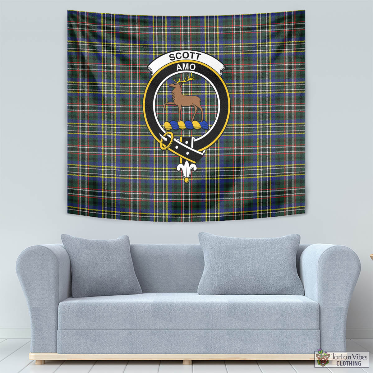 Tartan Vibes Clothing Scott Green Modern Tartan Tapestry Wall Hanging and Home Decor for Room with Family Crest