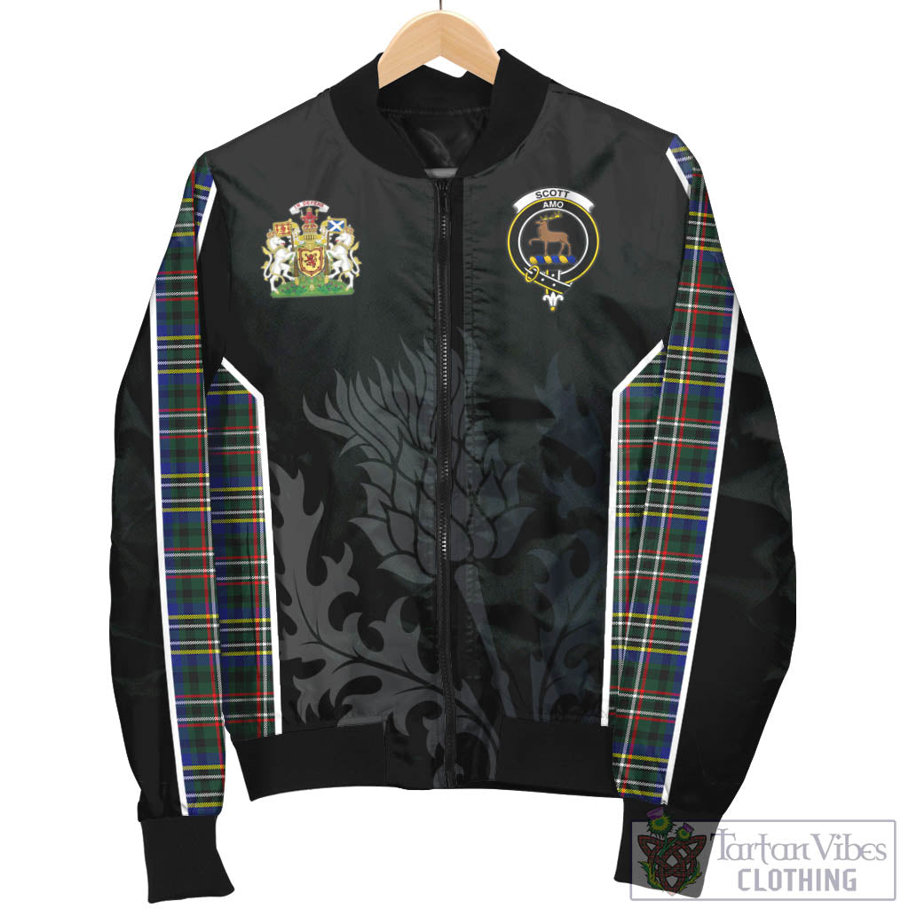 Tartan Vibes Clothing Scott Green Modern Tartan Bomber Jacket with Family Crest and Scottish Thistle Vibes Sport Style