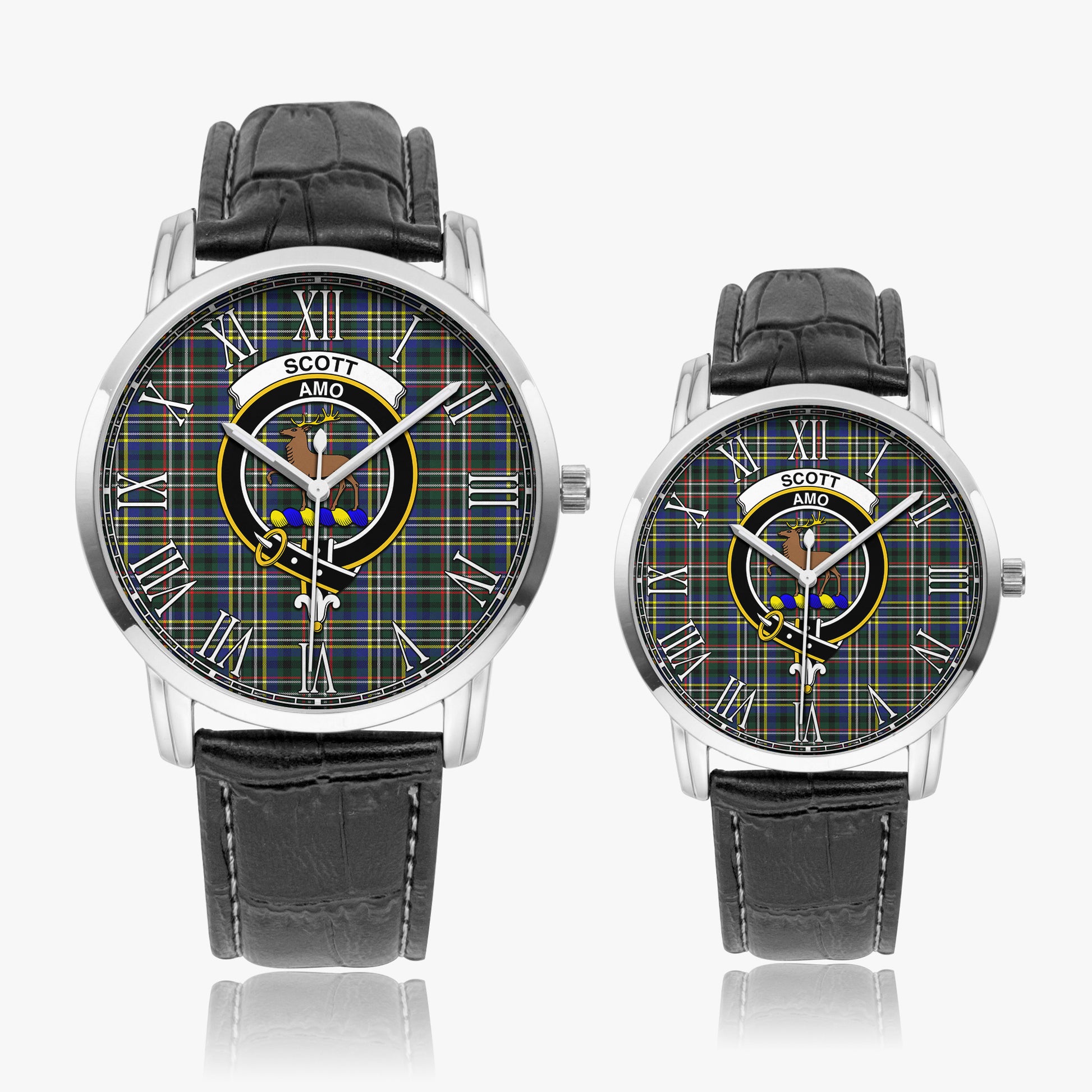 Scott Green Modern Tartan Family Crest Leather Strap Quartz Watch - Tartanvibesclothing