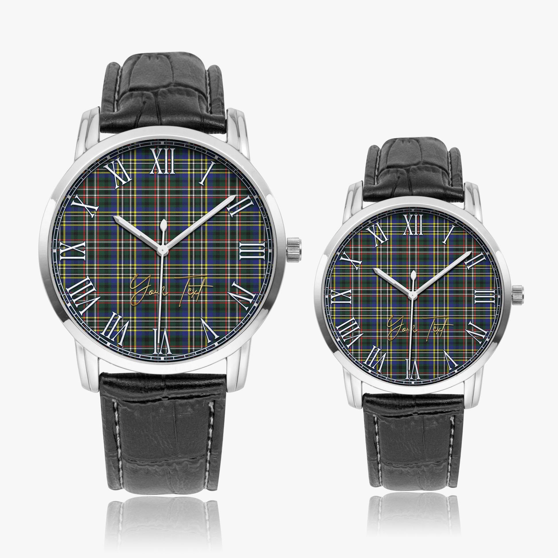 Scott Green Modern Tartan Personalized Your Text Leather Trap Quartz Watch Wide Type Silver Case With Black Leather Strap - Tartanvibesclothing