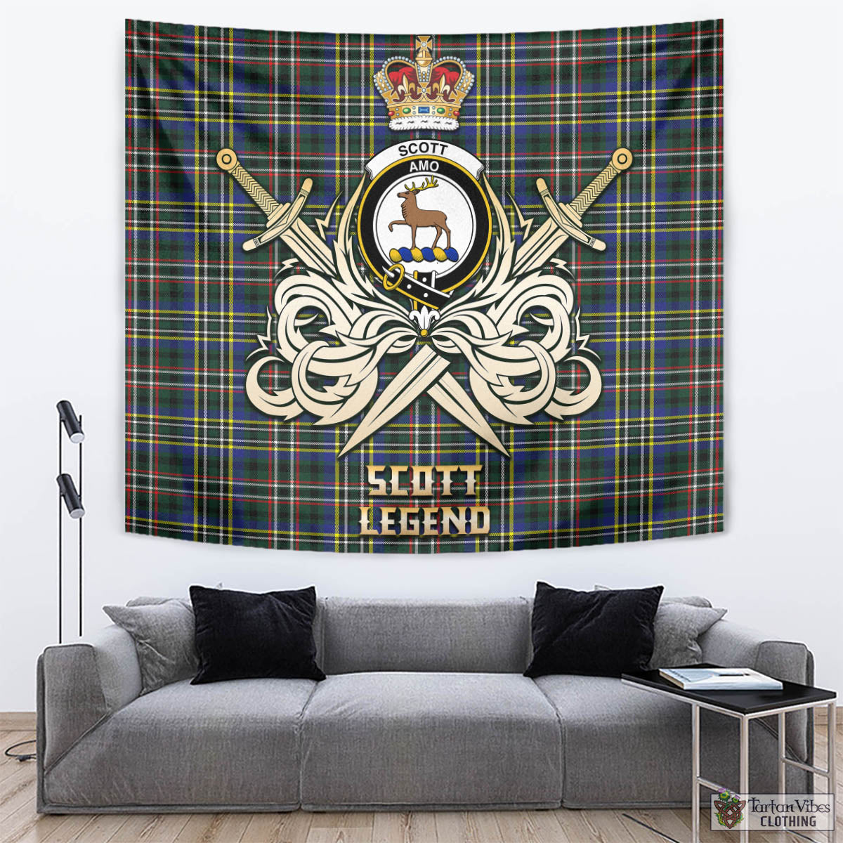 Tartan Vibes Clothing Scott Green Modern Tartan Tapestry with Clan Crest and the Golden Sword of Courageous Legacy