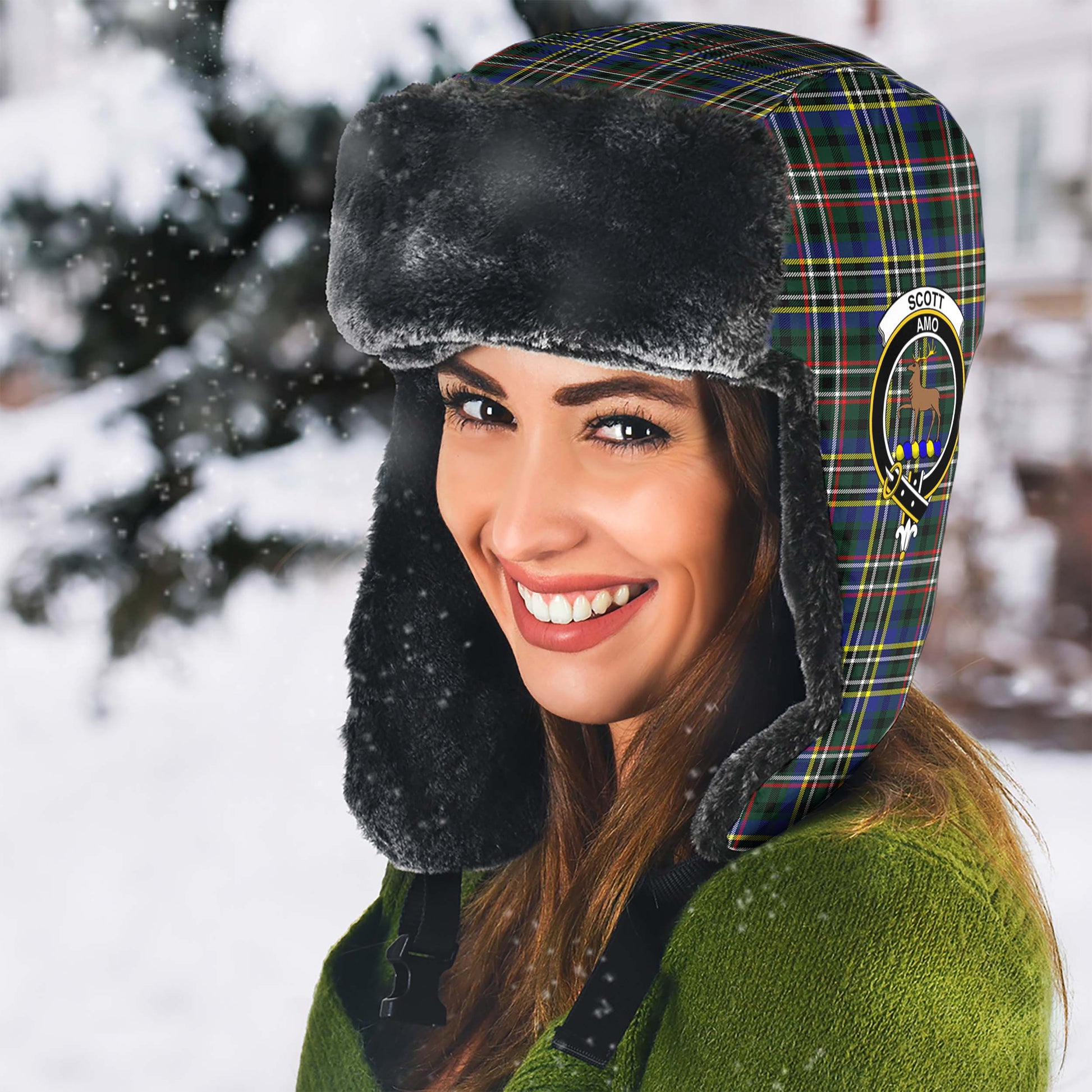 Scott Green Modern Tartan Winter Trapper Hat with Family Crest - Tartanvibesclothing