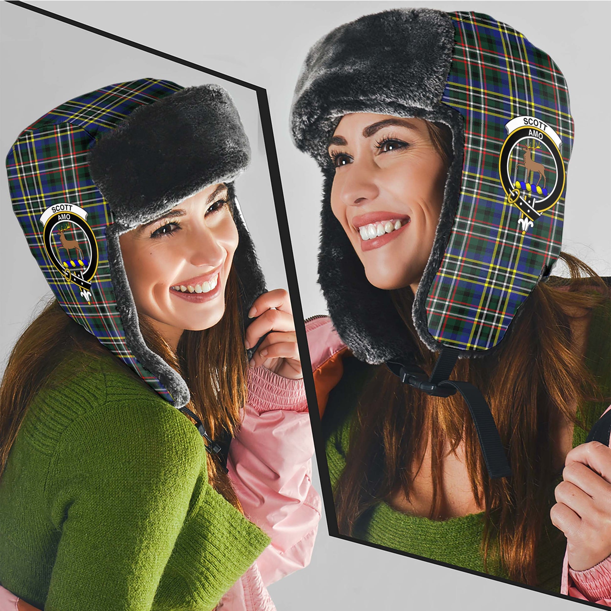 Scott Green Modern Tartan Winter Trapper Hat with Family Crest - Tartanvibesclothing