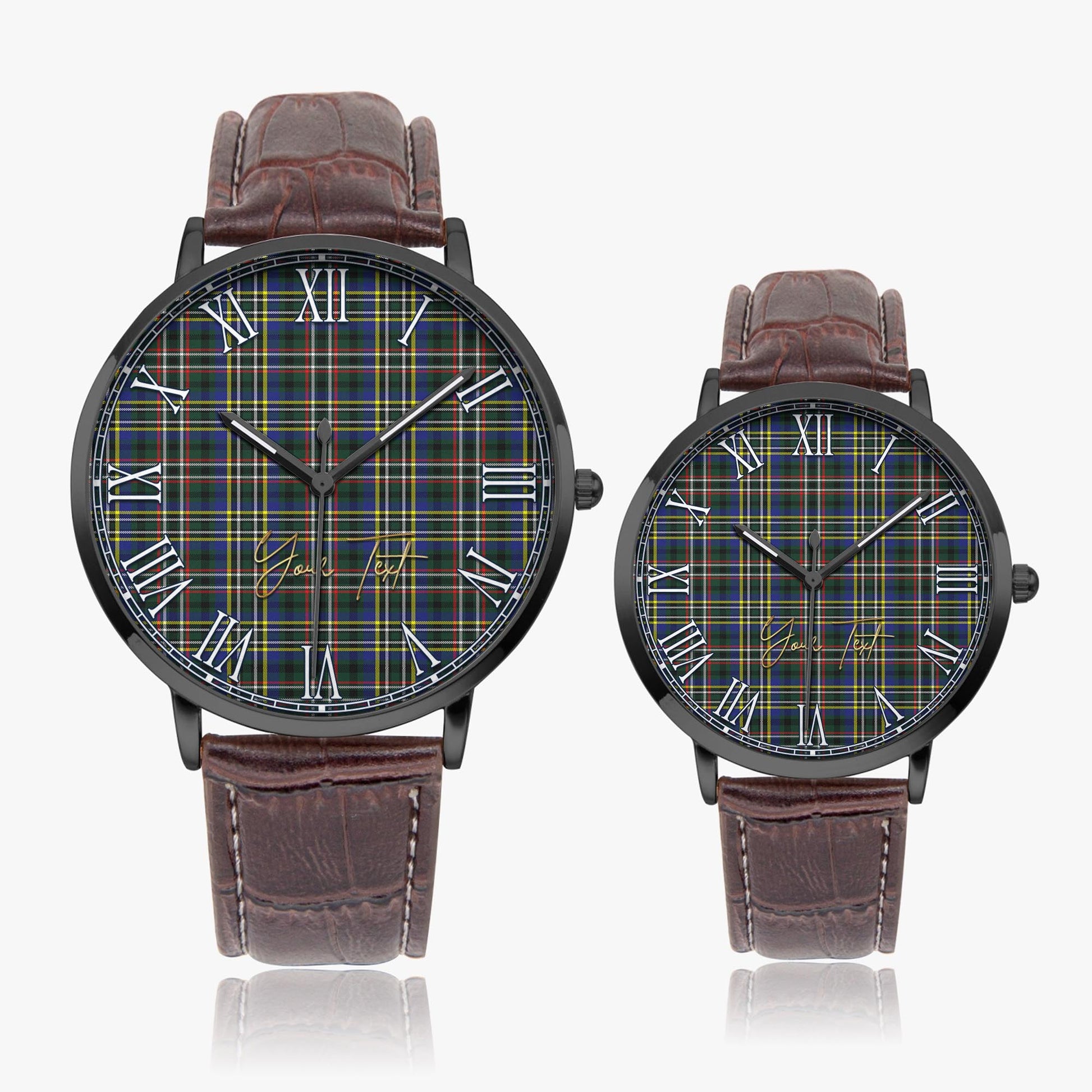 Scott Green Modern Tartan Personalized Your Text Leather Trap Quartz Watch Ultra Thin Black Case With Brown Leather Strap - Tartanvibesclothing