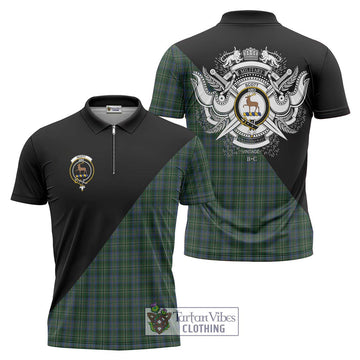 Scott Hunting Tartan Zipper Polo Shirt with Family Crest and Military Logo Style