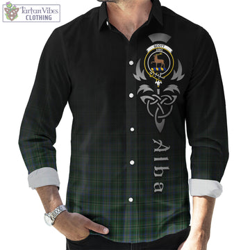 Scott Hunting Tartan Long Sleeve Button Up Featuring Alba Gu Brath Family Crest Celtic Inspired