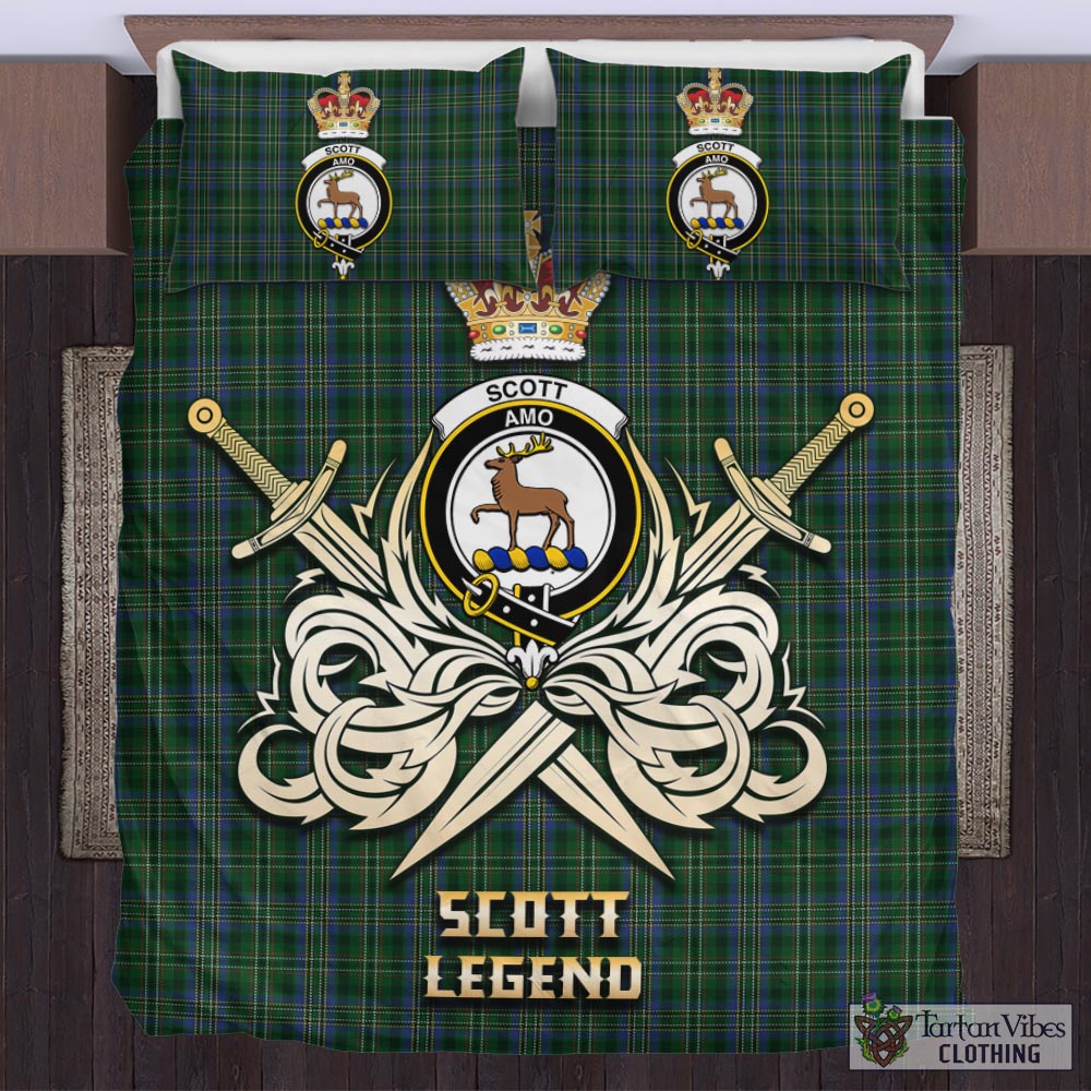 Tartan Vibes Clothing Scott Hunting Tartan Bedding Set with Clan Crest and the Golden Sword of Courageous Legacy