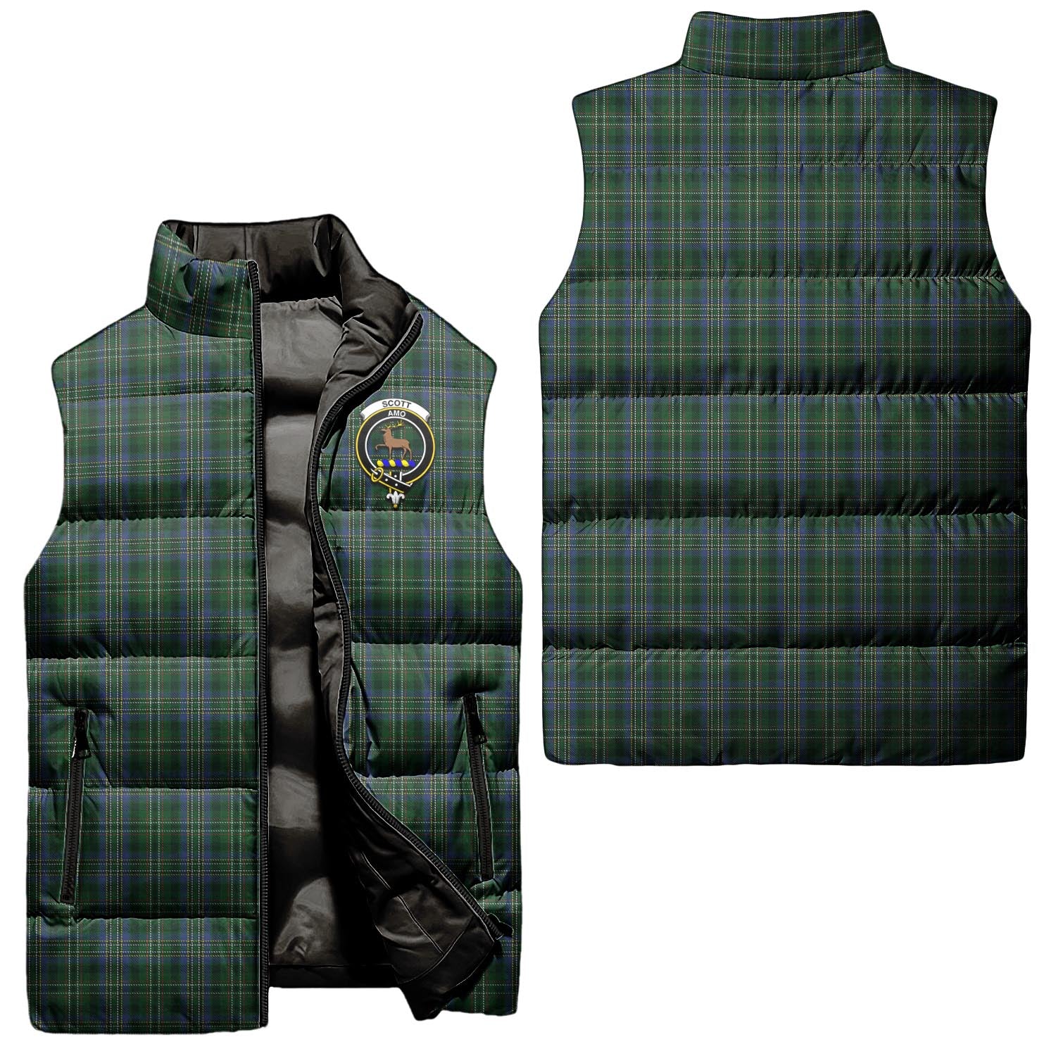 Scott Hunting Tartan Sleeveless Puffer Jacket with Family Crest Unisex - Tartanvibesclothing