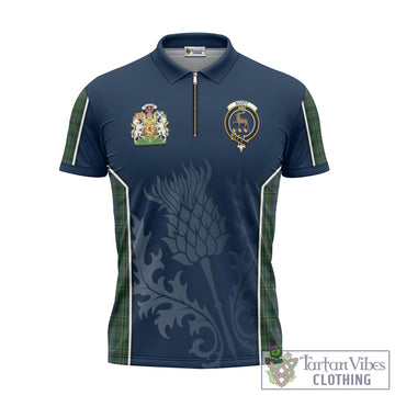 Scott Hunting Tartan Zipper Polo Shirt with Family Crest and Scottish Thistle Vibes Sport Style