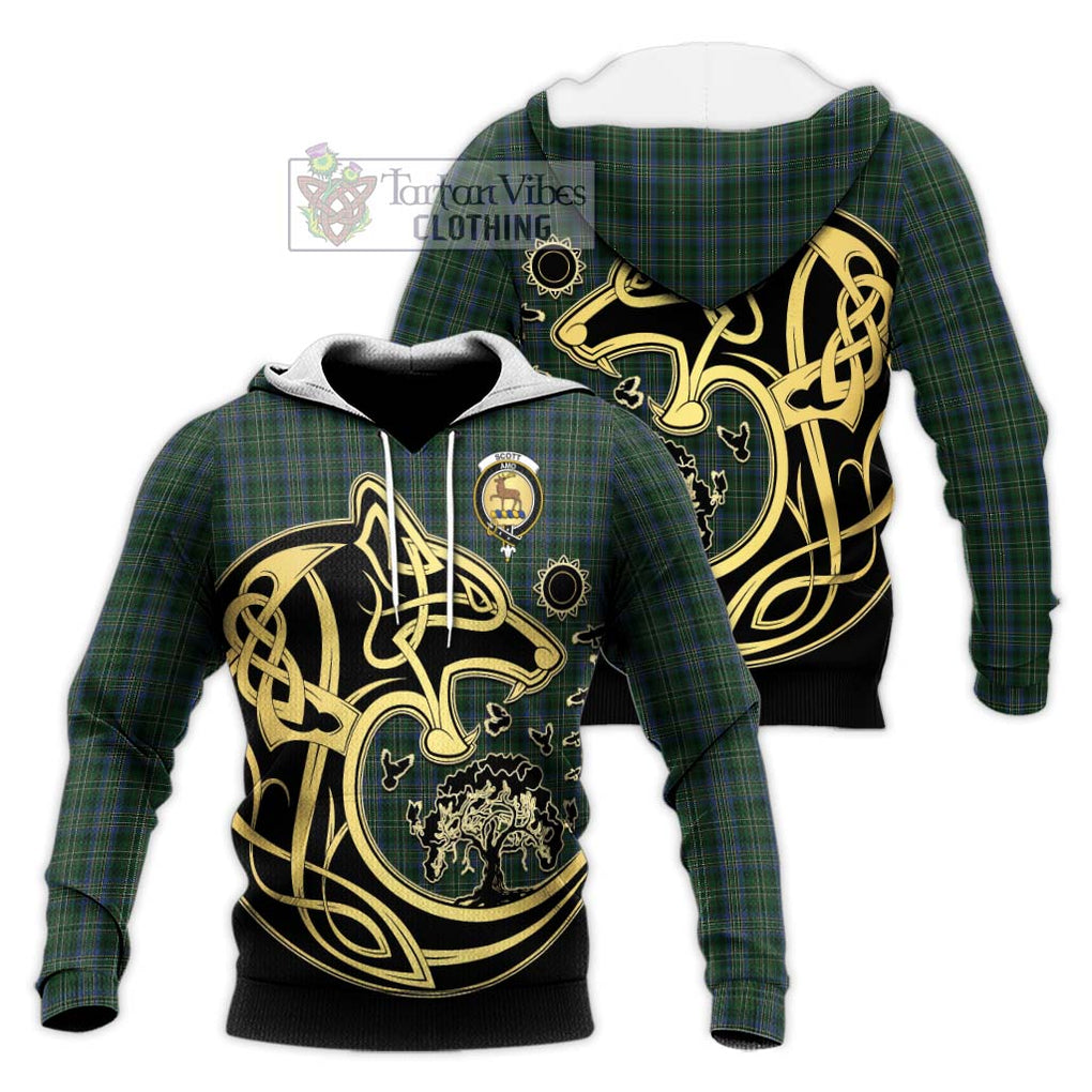 Scott Hunting Tartan Knitted Hoodie with Family Crest Celtic Wolf Style Unisex Knitted Pullover Hoodie - Tartan Vibes Clothing