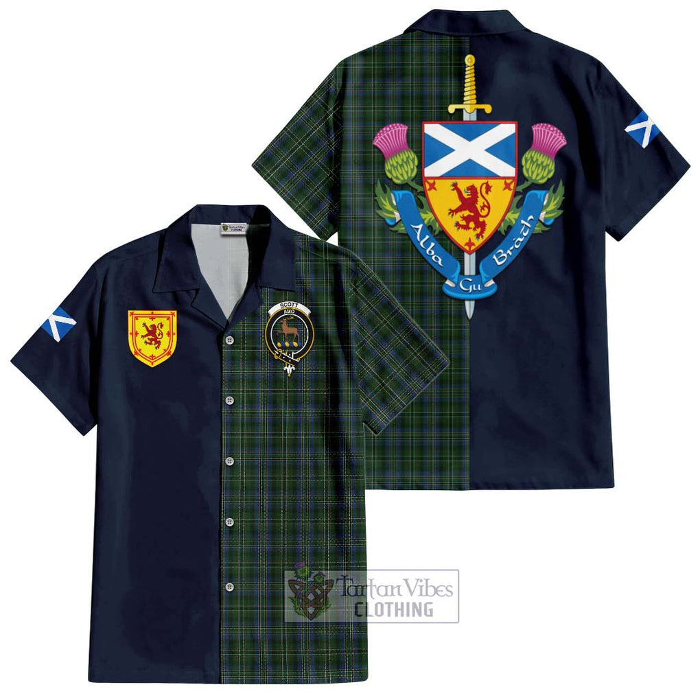 Tartan Vibes Clothing Scott Hunting Tartan Short Sleeve Button Shirt with Scottish Lion Royal Arm Half Style