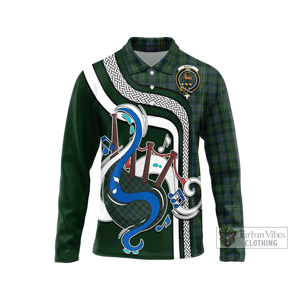 Tartan Vibes Clothing Scott Hunting Tartan Long Sleeve Polo Shirt with Epic Bagpipe Style