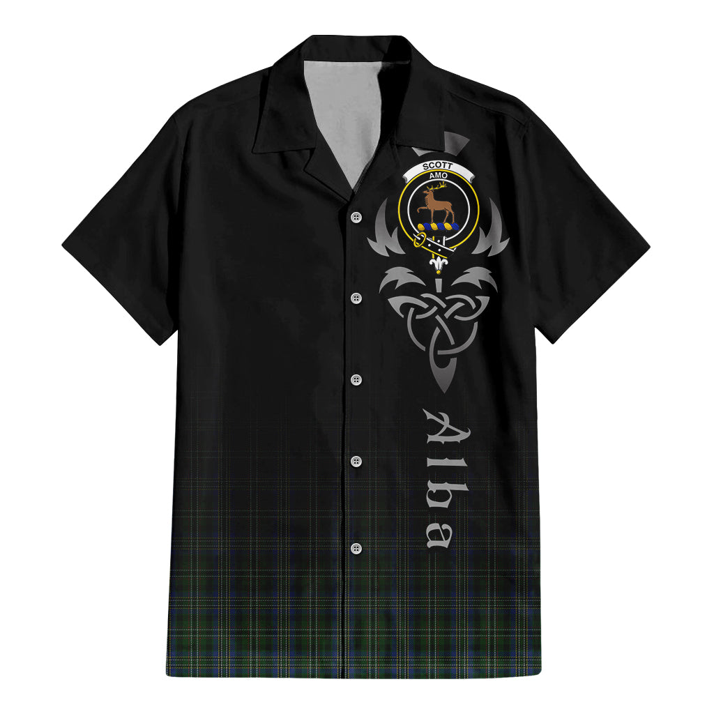 Tartan Vibes Clothing Scott Hunting Tartan Short Sleeve Button Up Featuring Alba Gu Brath Family Crest Celtic Inspired