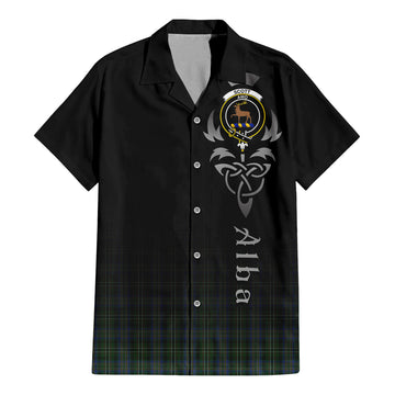 Scott Hunting Tartan Short Sleeve Button Up Shirt Featuring Alba Gu Brath Family Crest Celtic Inspired