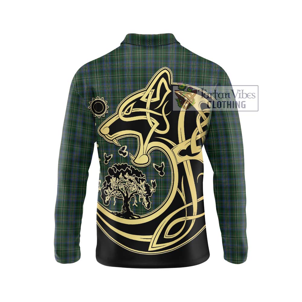 Scott Hunting Tartan Long Sleeve Polo Shirt with Family Crest Celtic Wolf Style - Tartanvibesclothing Shop