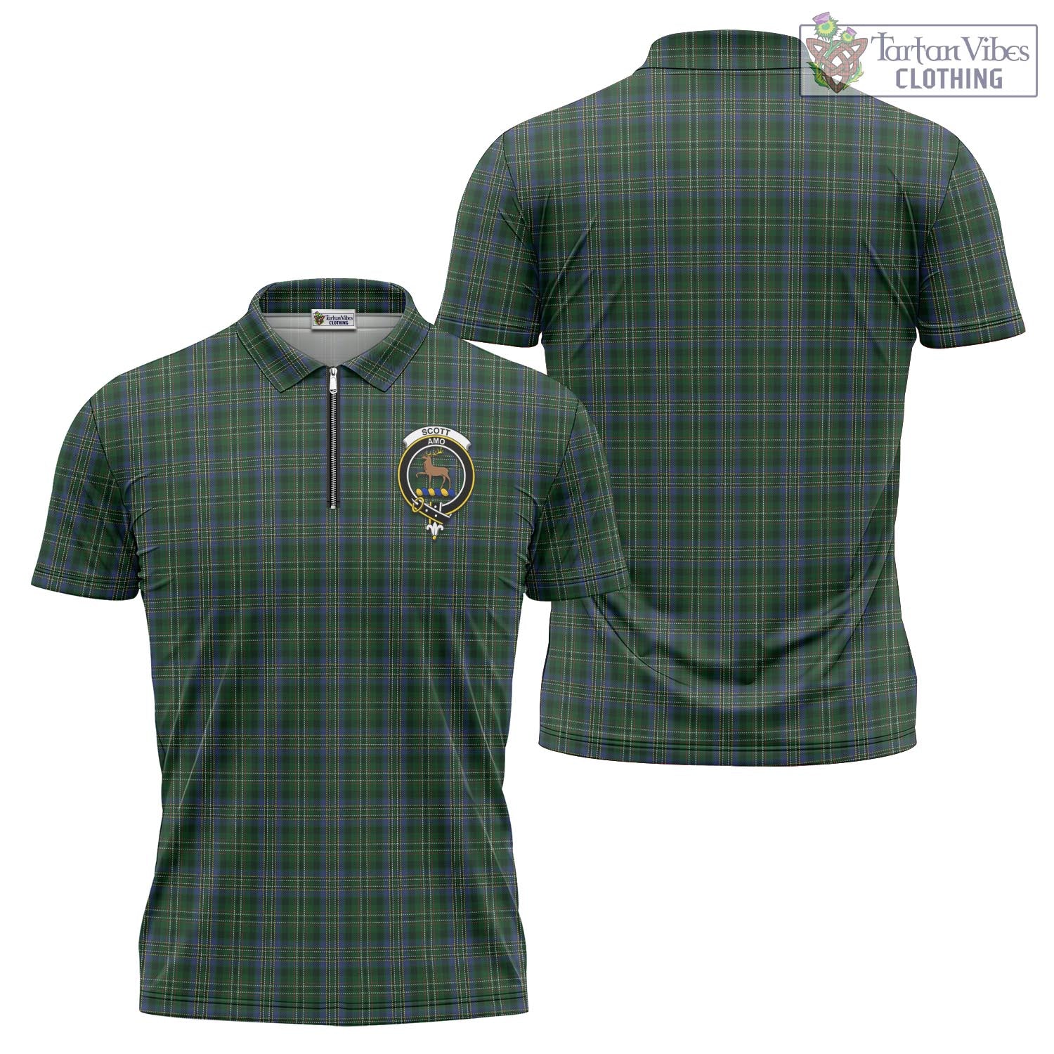 Tartan Vibes Clothing Scott Hunting Tartan Zipper Polo Shirt with Family Crest