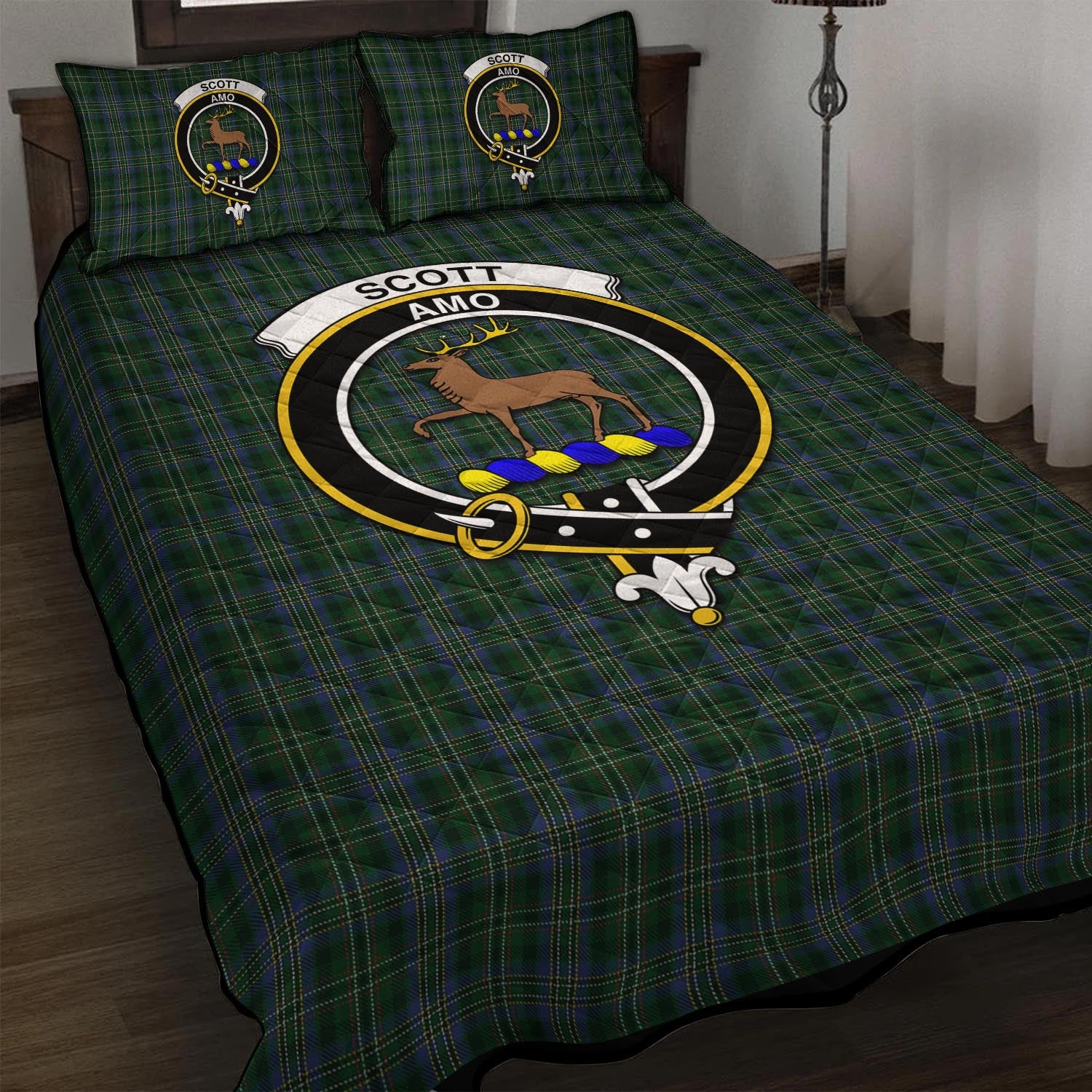 Scott Hunting Tartan Quilt Bed Set with Family Crest - Tartan Vibes Clothing