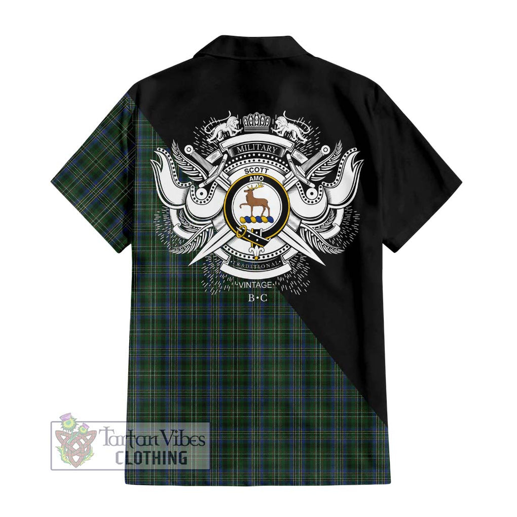 Scott Hunting Tartan Short Sleeve Button Shirt with Family Crest and Military Logo Style - Tartanvibesclothing Shop