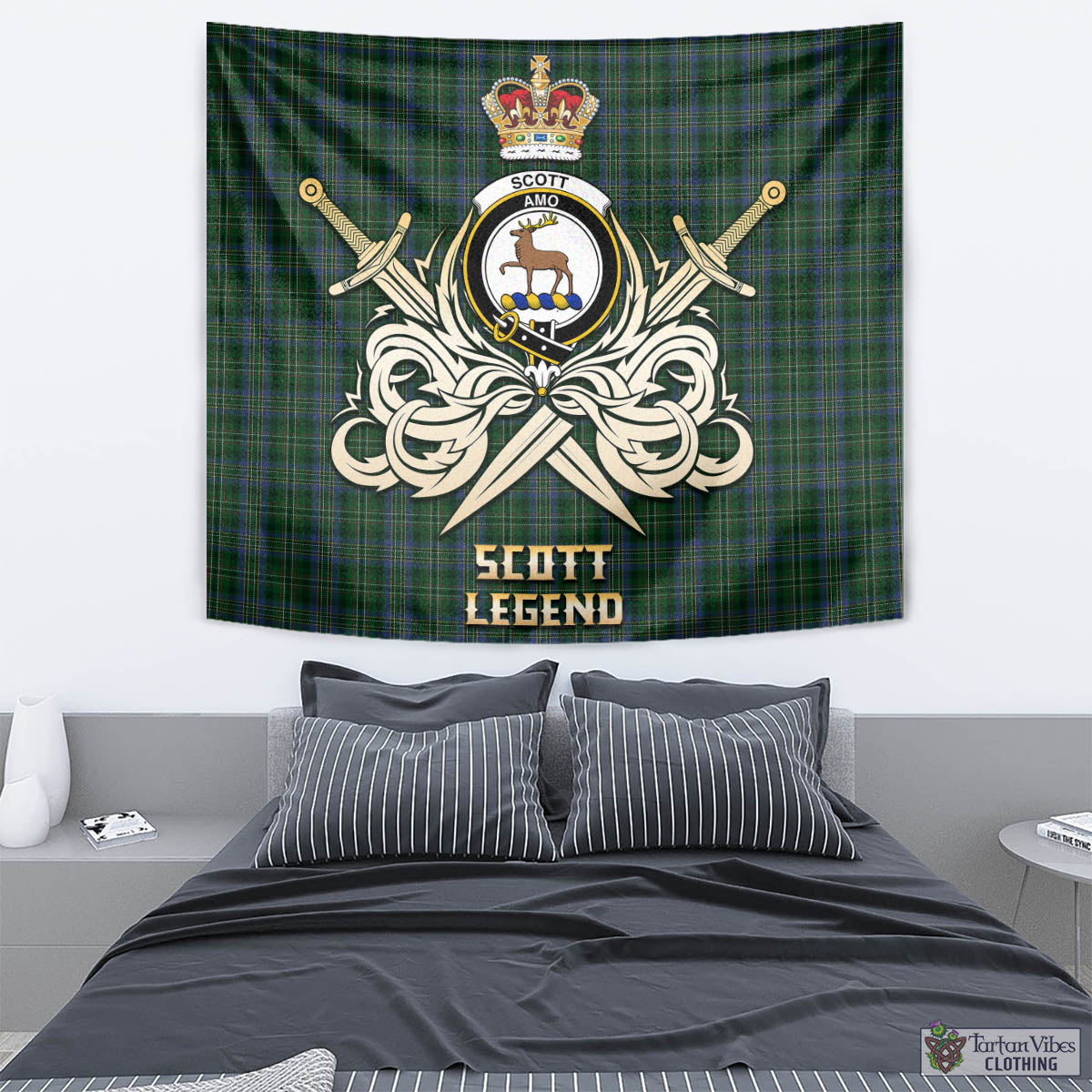 Tartan Vibes Clothing Scott Hunting Tartan Tapestry with Clan Crest and the Golden Sword of Courageous Legacy