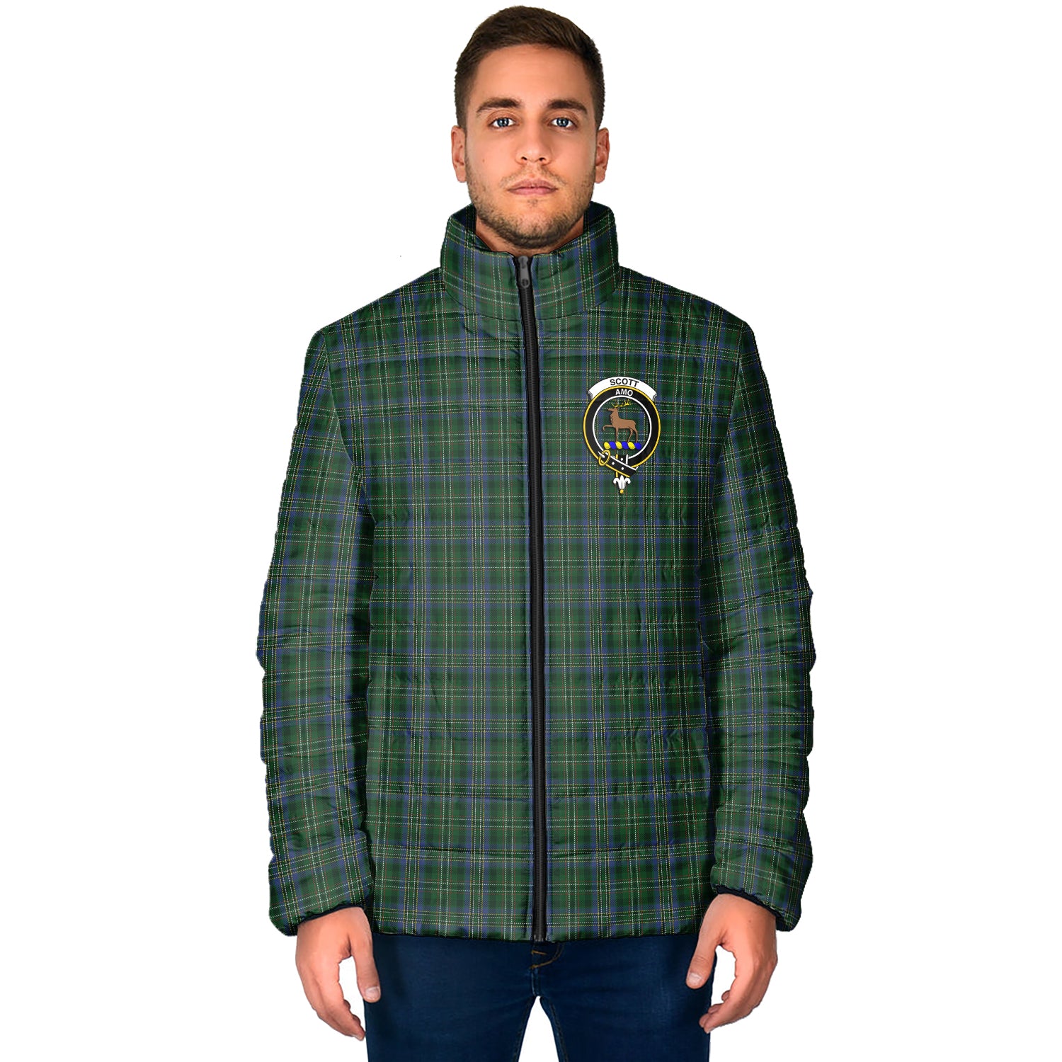 Scott Hunting Tartan Padded Jacket with Family Crest - Tartan Vibes Clothing