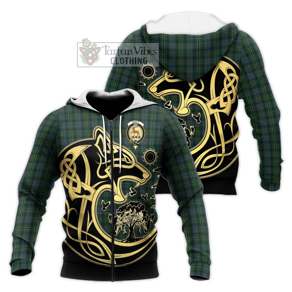 Scott Hunting Tartan Knitted Hoodie with Family Crest Celtic Wolf Style Unisex Knitted Zip Hoodie - Tartan Vibes Clothing