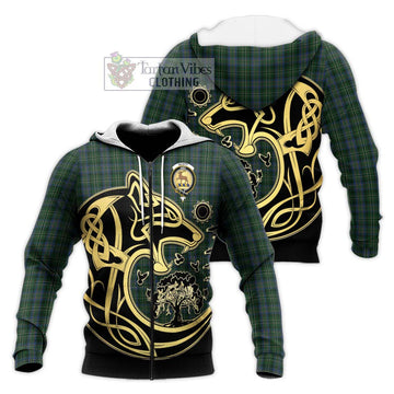 Scott Hunting Tartan Knitted Hoodie with Family Crest Celtic Wolf Style