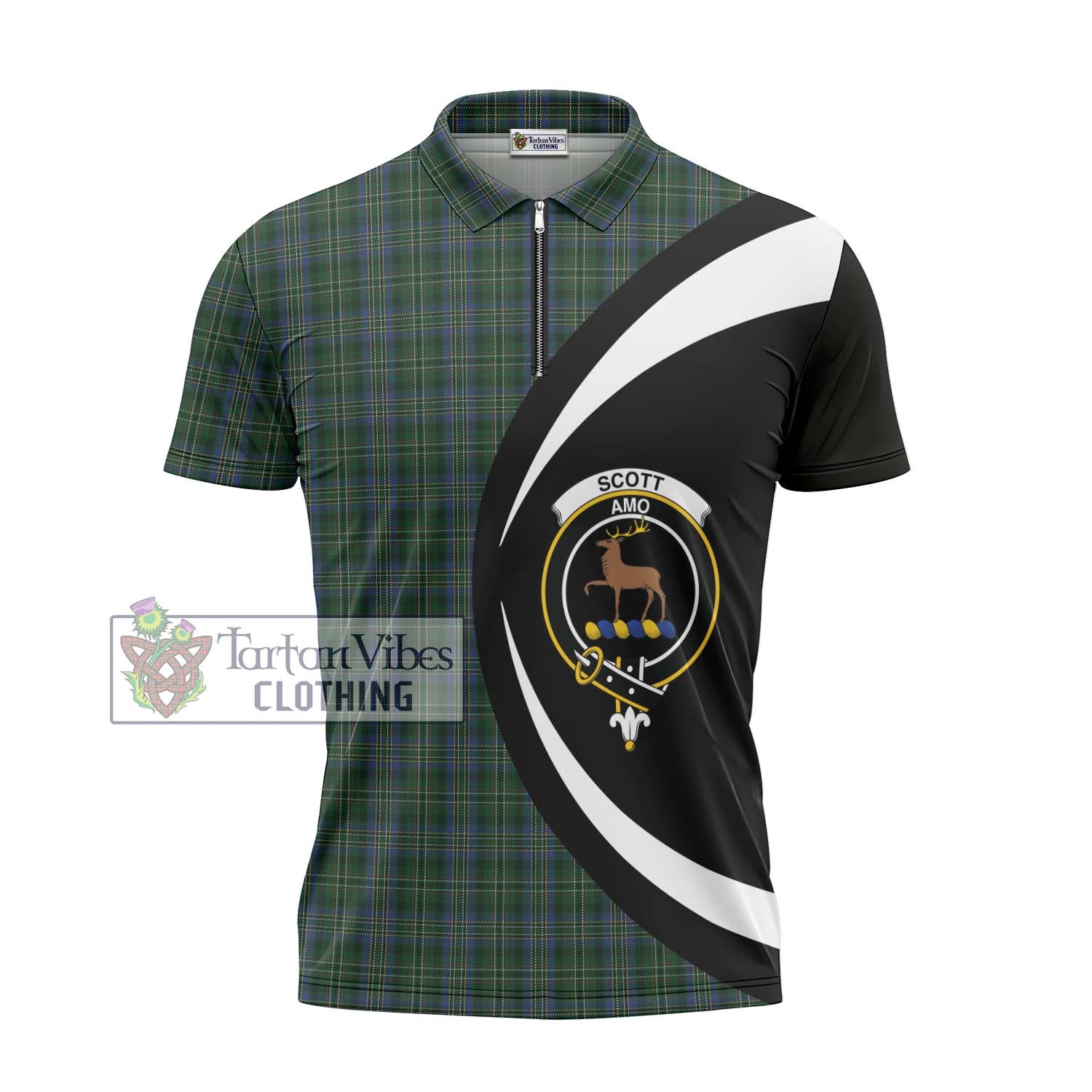 Scott Hunting Tartan Zipper Polo Shirt with Family Crest Circle Style - Tartan Vibes Clothing