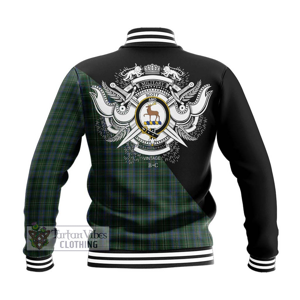 Scott Hunting Tartan Baseball Jacket with Family Crest and Military Logo Style - Tartanvibesclothing Shop