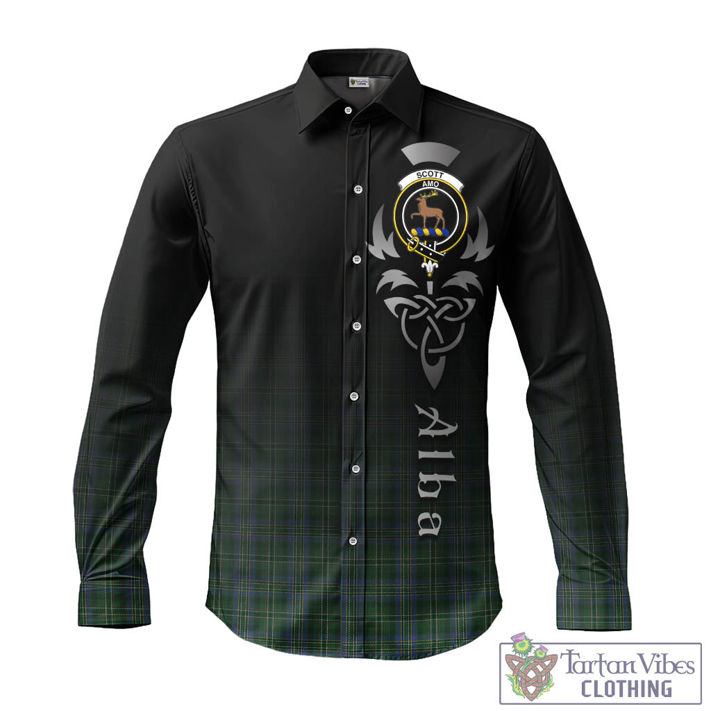 Tartan Vibes Clothing Scott Hunting Tartan Long Sleeve Button Up Featuring Alba Gu Brath Family Crest Celtic Inspired