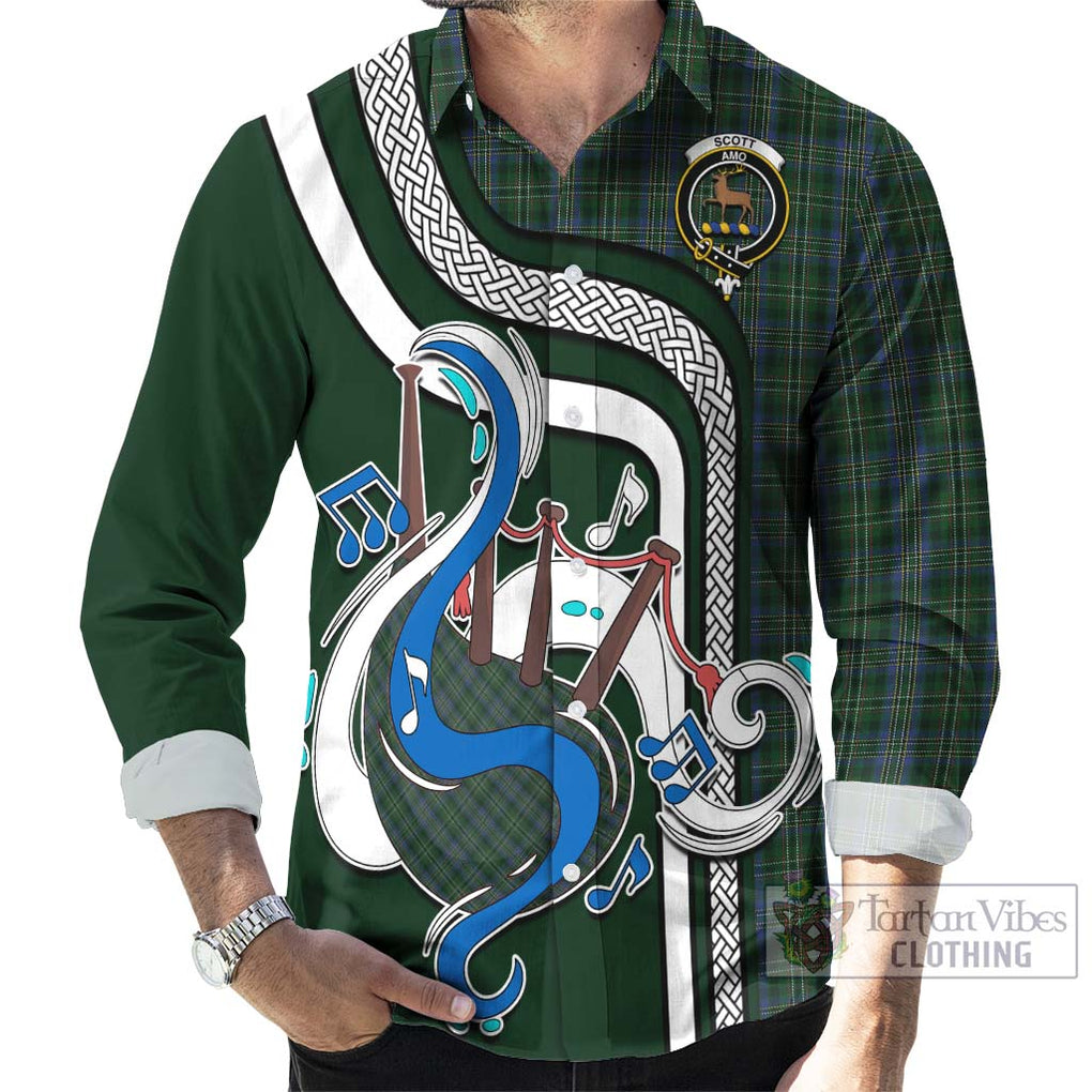 Scott Hunting Tartan Long Sleeve Button Shirt with Epic Bagpipe Style - Tartanvibesclothing Shop