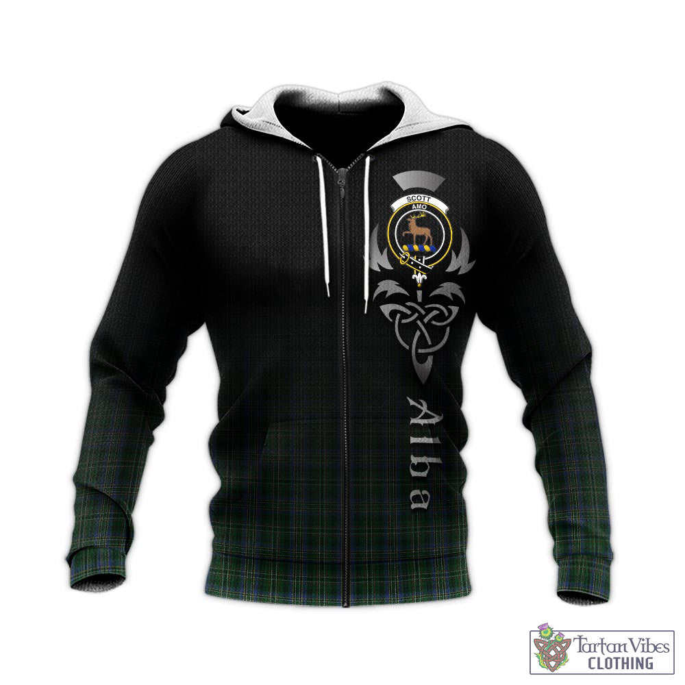 Tartan Vibes Clothing Scott Hunting Tartan Knitted Hoodie Featuring Alba Gu Brath Family Crest Celtic Inspired