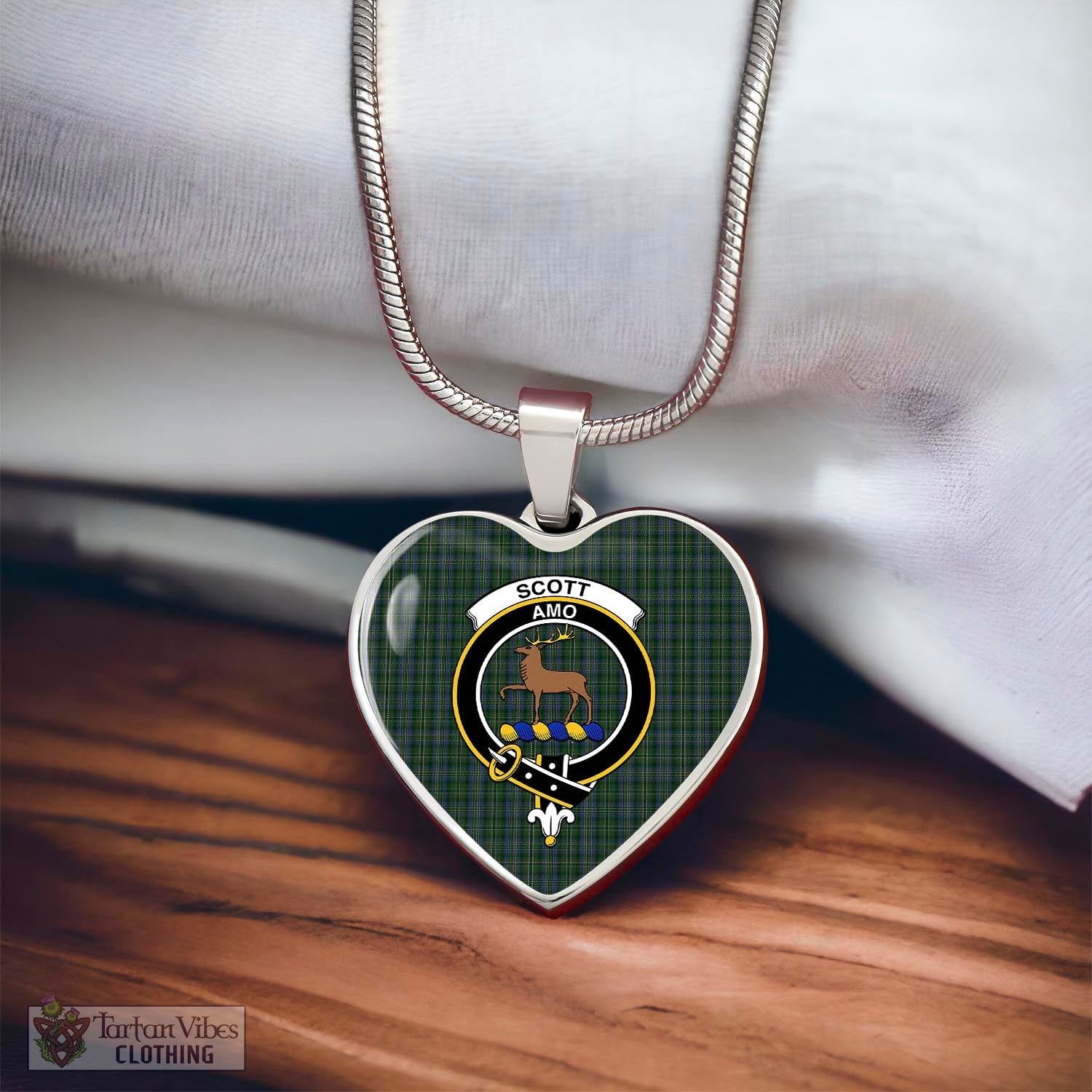 Tartan Vibes Clothing Scott Hunting Tartan Heart Necklace with Family Crest