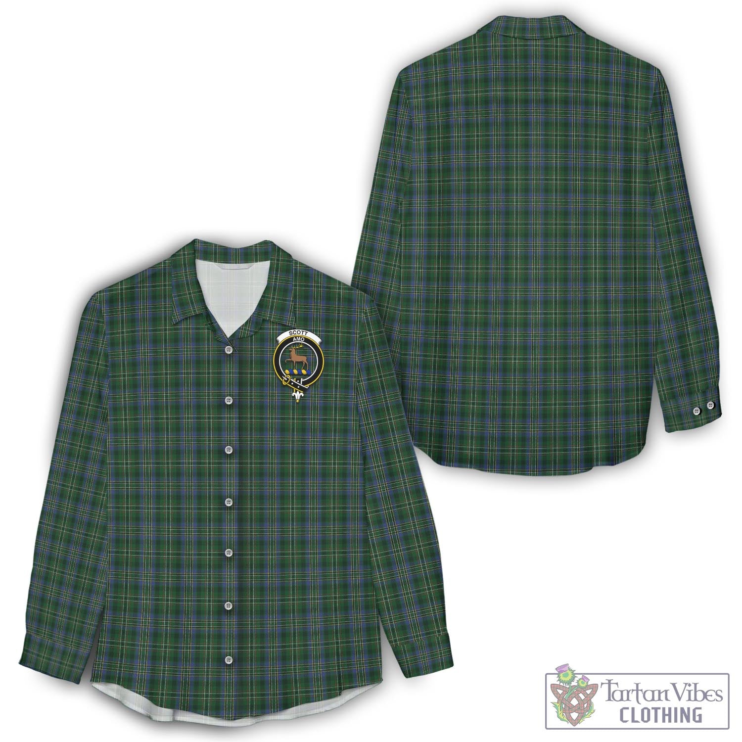 Tartan Vibes Clothing Scott Hunting Tartan Womens Casual Shirt with Family Crest