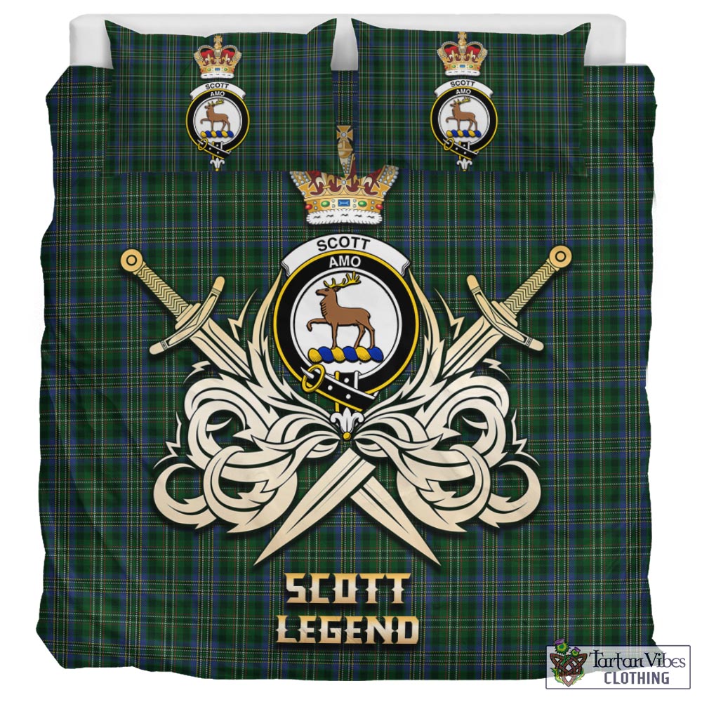 Tartan Vibes Clothing Scott Hunting Tartan Bedding Set with Clan Crest and the Golden Sword of Courageous Legacy