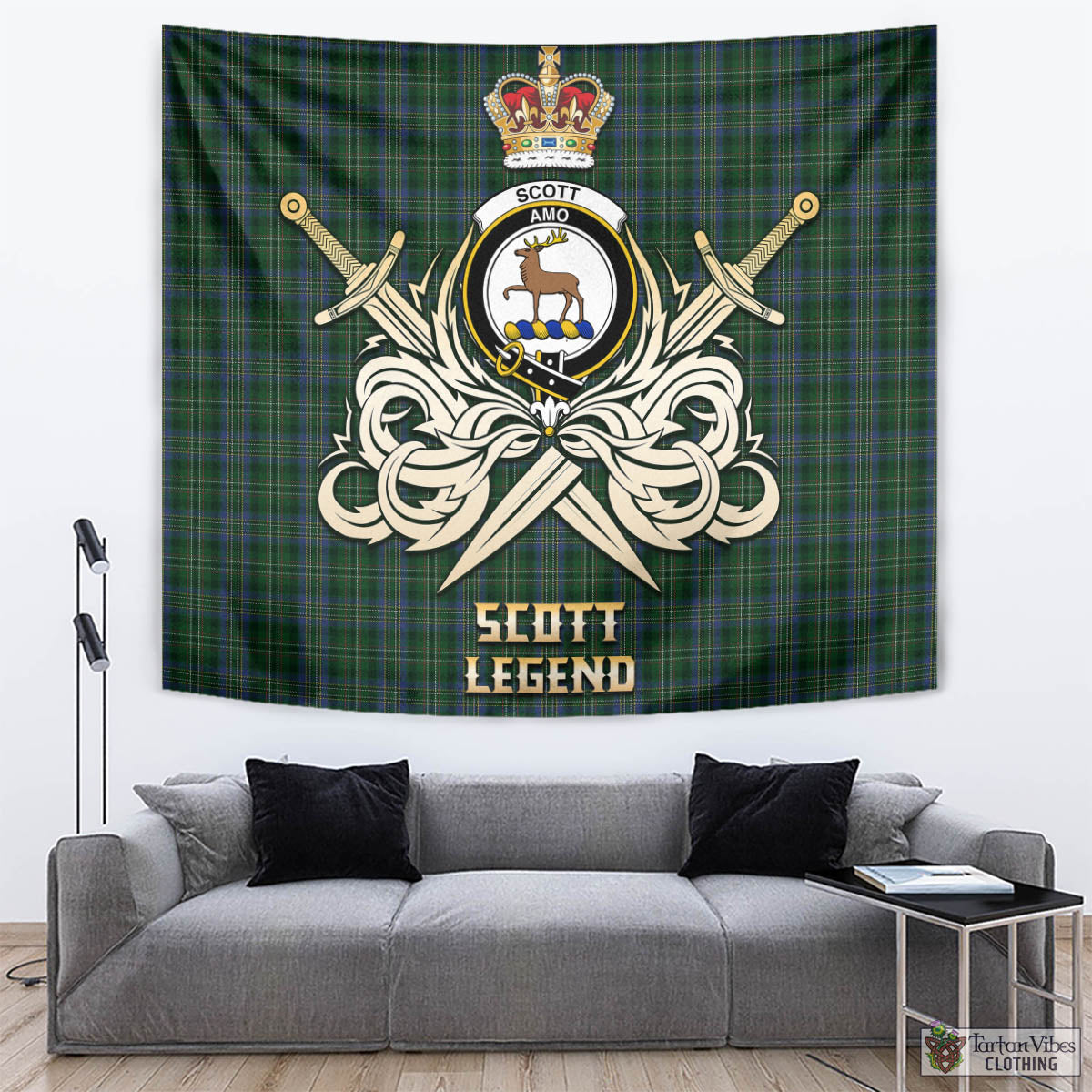 Tartan Vibes Clothing Scott Hunting Tartan Tapestry with Clan Crest and the Golden Sword of Courageous Legacy