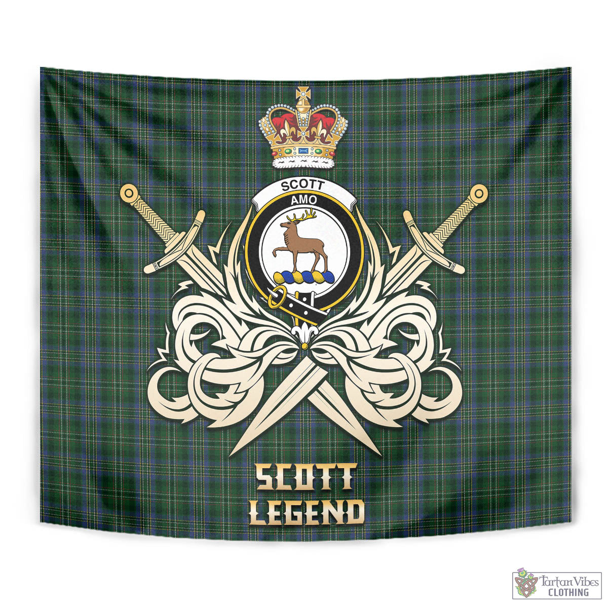 Tartan Vibes Clothing Scott Hunting Tartan Tapestry with Clan Crest and the Golden Sword of Courageous Legacy