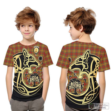 Scrymgeour Tartan Kid T-Shirt with Family Crest Celtic Wolf Style