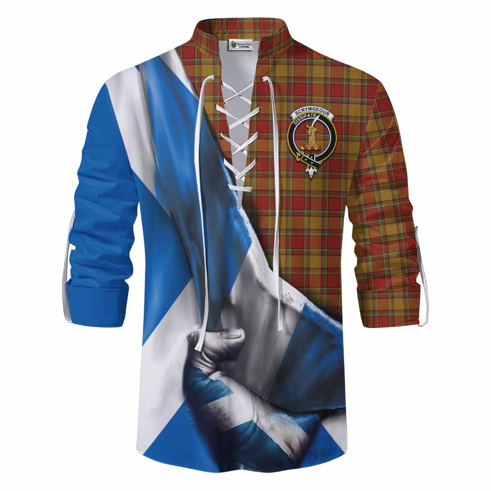 Tartan Vibes Clothing Scrymgeour Tartan Ghillie Kilt Shirt with Family Crest Scotland Patriotic Style