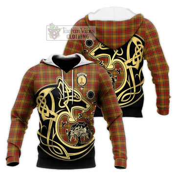 Scrymgeour Tartan Knitted Hoodie with Family Crest Celtic Wolf Style