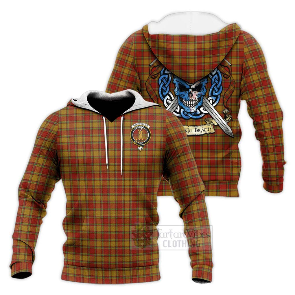 Tartan Vibes Clothing Scrymgeour Tartan Knitted Hoodie with Family Crest Celtic Skull Style