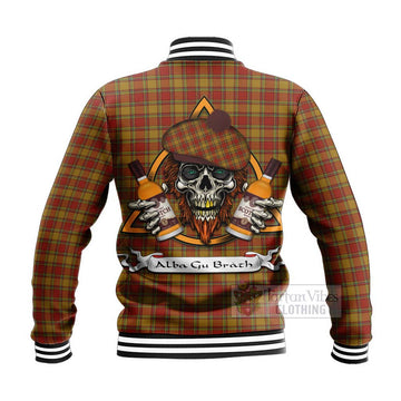 Scrymgeour Tartan Baseball Jacket with Family Crest and Bearded Skull Holding Bottles of Whiskey - Tartan Vibes Clothing