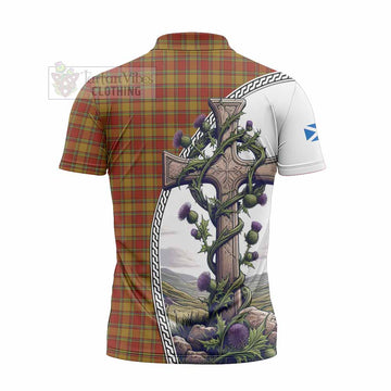 Scrymgeour Tartan Zipper Polo Shirt with Family Crest and St. Andrew's Cross Accented by Thistle Vines - Tartan Vibes Clothing