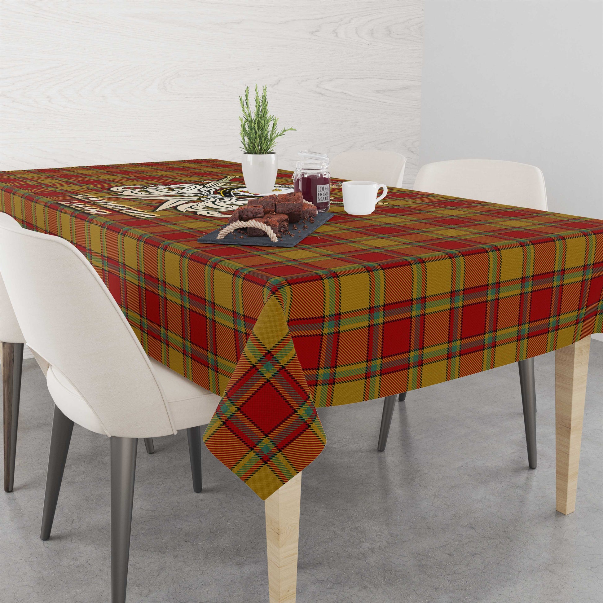 Tartan Vibes Clothing Scrymgeour Tartan Tablecloth with Clan Crest and the Golden Sword of Courageous Legacy