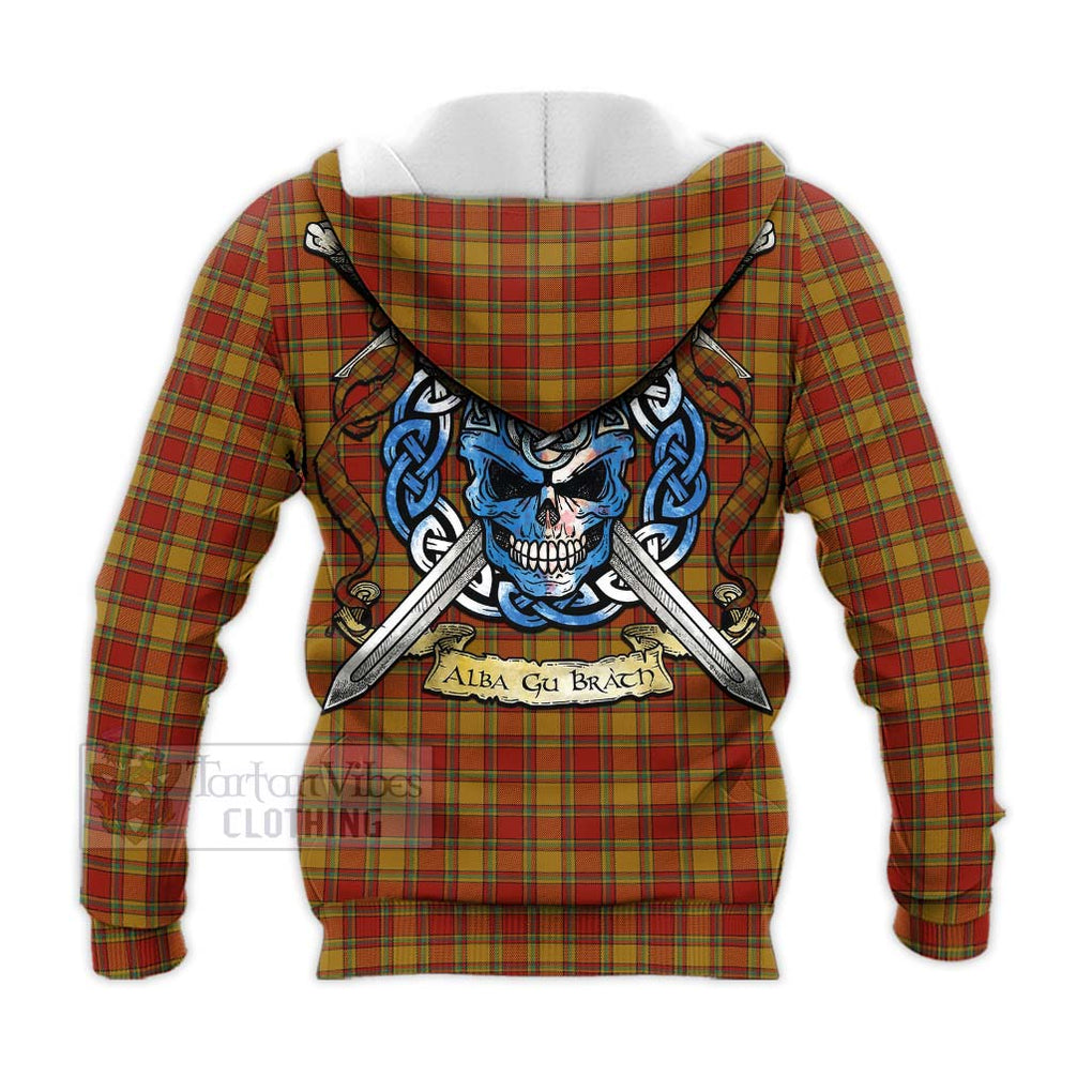 Tartan Vibes Clothing Scrymgeour Tartan Knitted Hoodie with Family Crest Celtic Skull Style